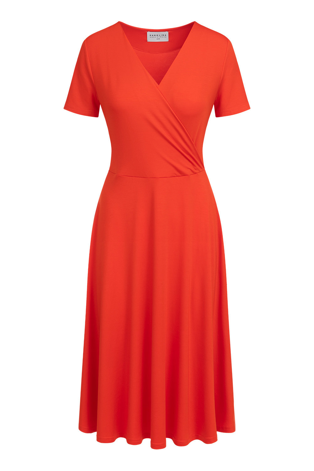 Bella Midi - Kopertowa sukienka z rozkloszowanym dołem PANTONE Poinciana