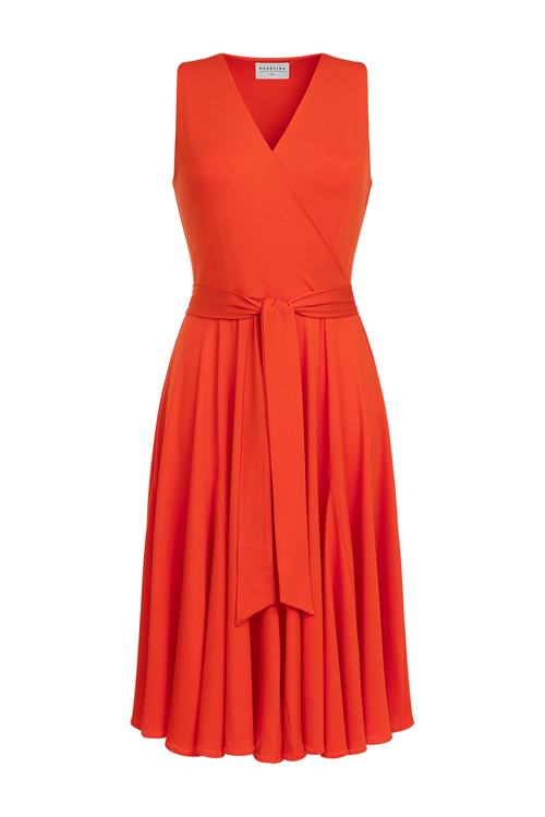 Gisele Midi - Sukienka z godetami bez rękawów w kolorze PANTONE Poinciana