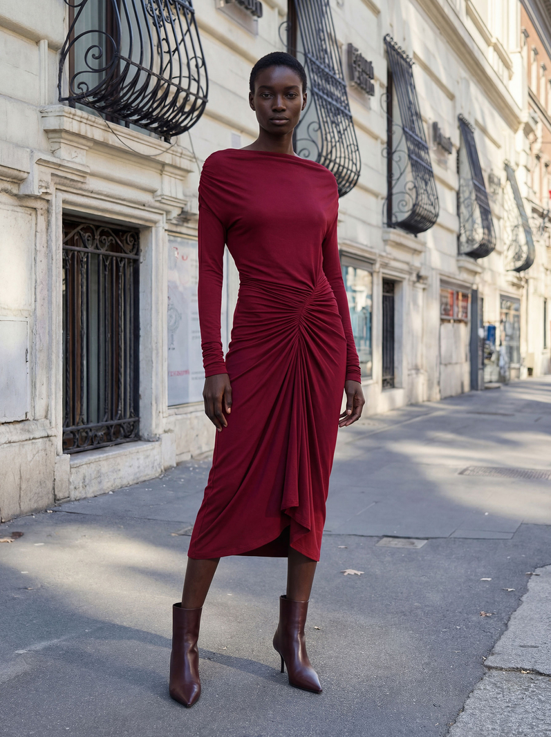 Corsica - Sukienka z przesuniętym marszczeniem ECOVERO™ bordowa