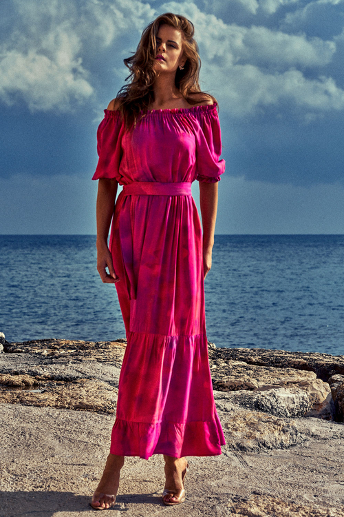 Marbella - Sukienka hiszpanka maxi we wzorze Bubblegum