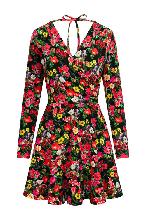 Rozkloszowana mini z dekoltem na plecach we wzorze Fiori