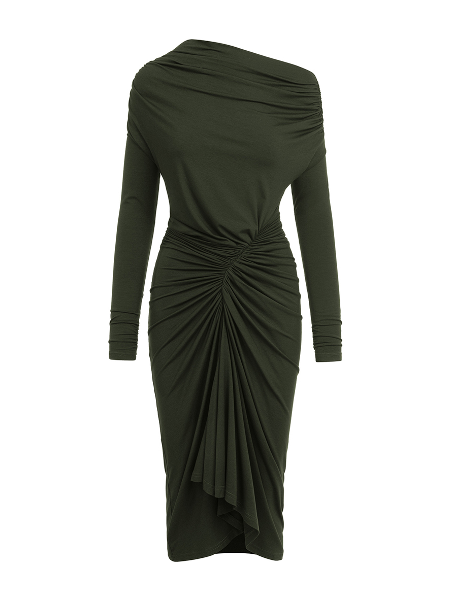 Corsica - Sukienka drapowana ciemna oliwka ECOVERO™