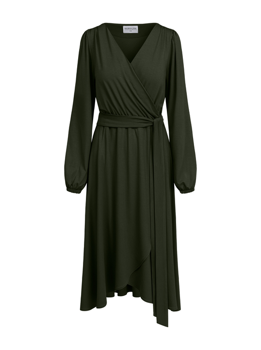 Scarlet - Ponadczasowa sukienka kopertowa ECOVERO™ oliwkowa