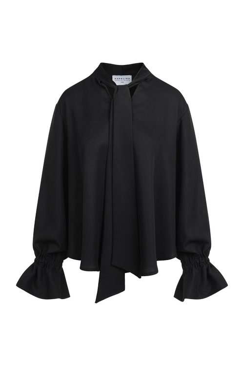 Aura - Czarna bluzka z wiązaniem i efektownymi mankietami TENCEL™