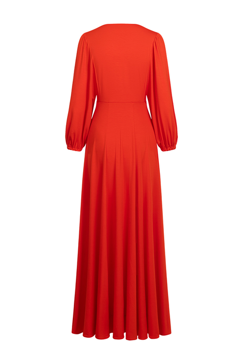 Tiffany Maxi - sukienka rozkloszowana z marszczonym rękawem kolorze PANTONE Poinciana