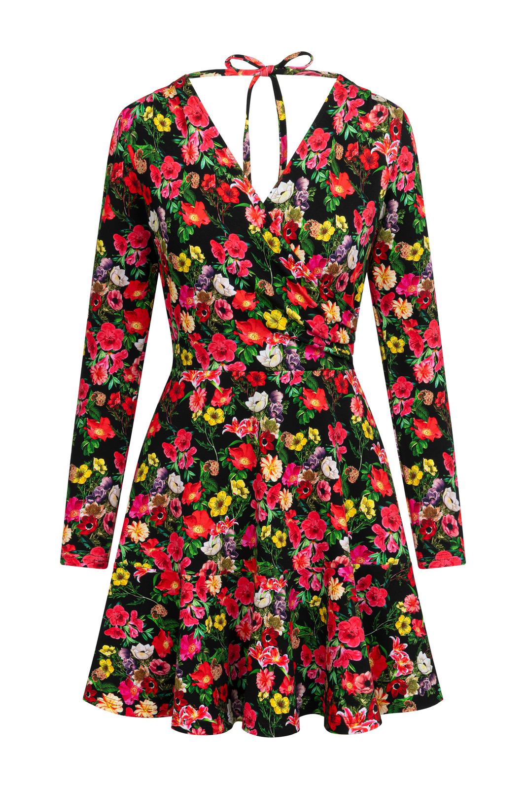 Rozkloszowana mini z dekoltem na plecach we wzorze Fiori