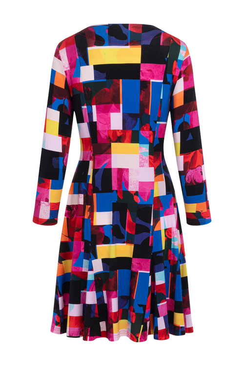 Monica mini - rozkloszowana sukienka z długim rękawem we wzorze Color Checker