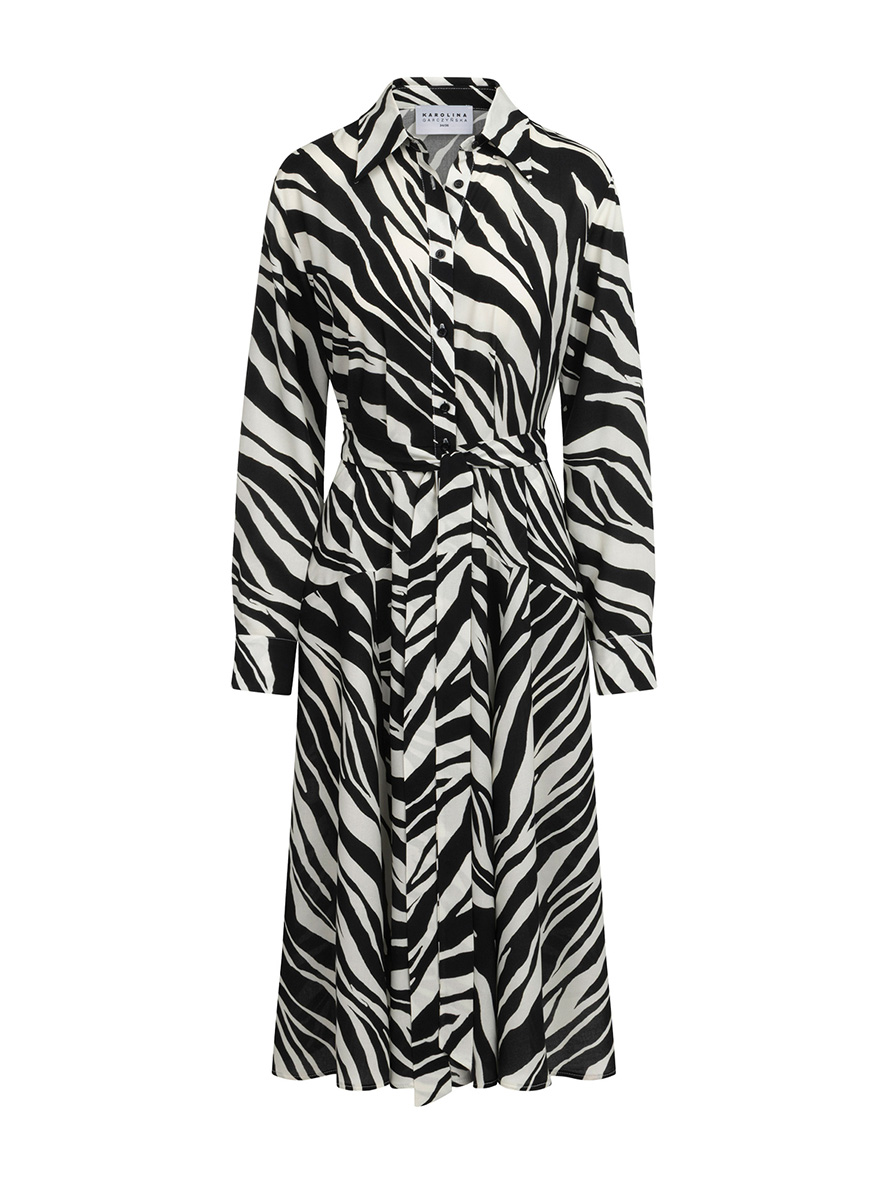 Elise - Rozkloszowana sukienka z tkaniny ECOVERO™ w zebrę