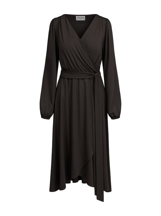 Scarlet - Ponadczasowa sukienka kopertowa ECOVERO™ gorzka czekolada