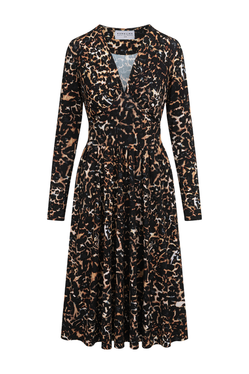 Kate Midi - Klasyczna rozkloszowana sukienka z dekoltem w serek we wzorze Wild Cat