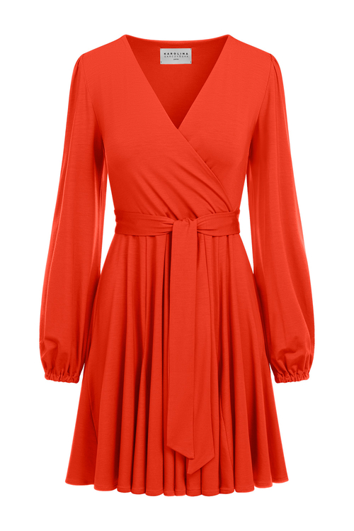 Gaja Mini - rozkloszowana mini z godetami w kolorze PANTONE Poinciana
