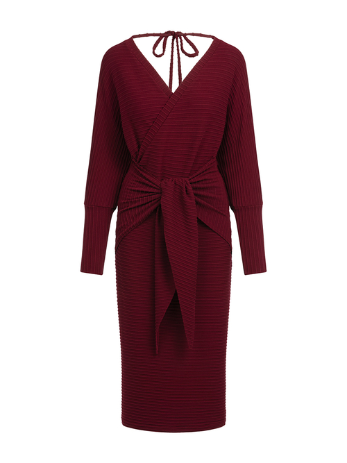 Virginia - Bordowa sukienka z dzianiny strukturalnej z wiązaniem