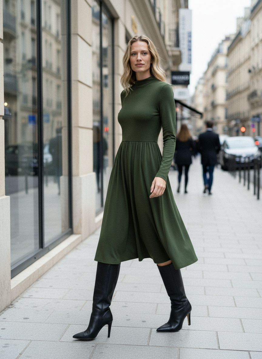 Margot - Sukienka z półgolfem ECOVERO™ ciemna oliwka