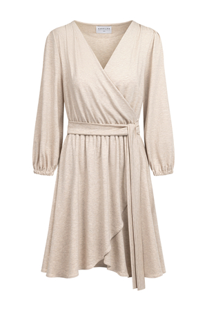 Scarlet Mini - Rozkloszowana sukienka kopertowa w kolorze piaskowym