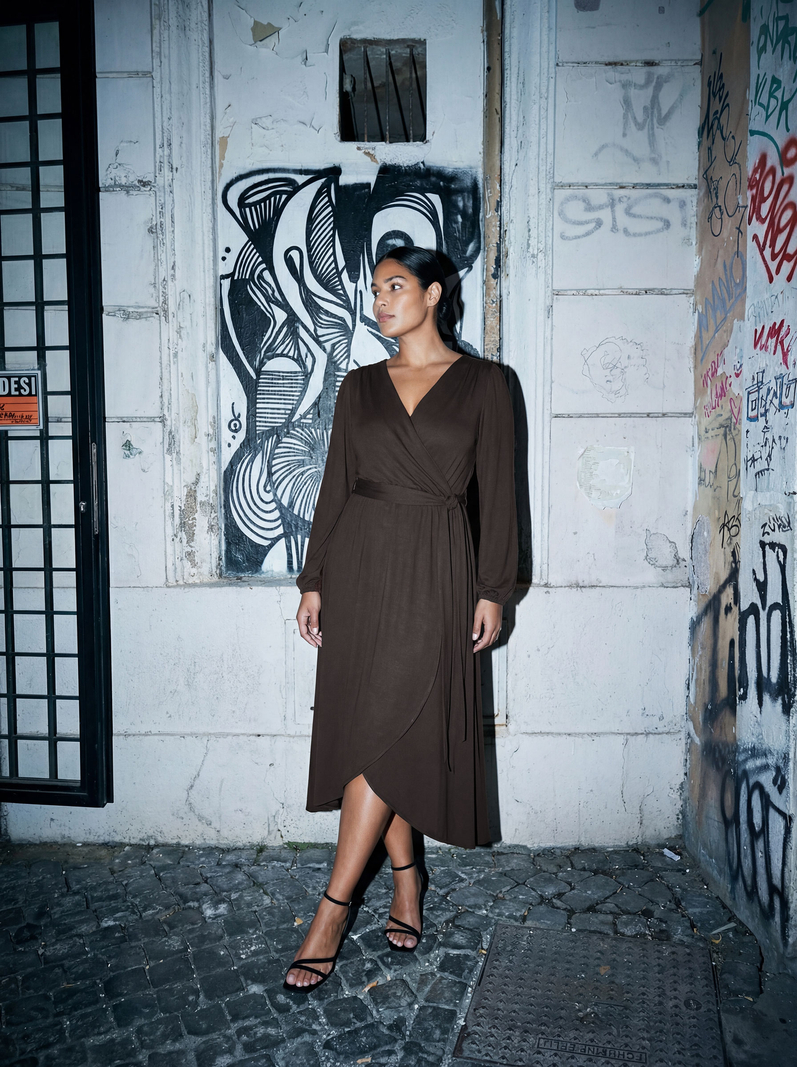 Scarlet - Ponadczasowa sukienka kopertowa ECOVERO™ gorzka czekolada