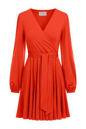 Gaja Mini - rozkloszowana mini z godetami w kolorze PANTONE Poinciana