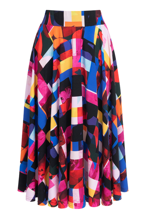 Amber - Rozkloszowana wygodna spódnica midi we wzorze Color Checker